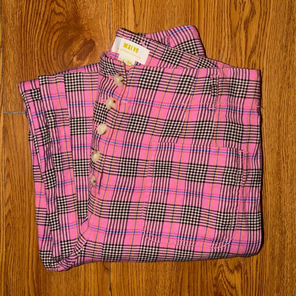 Maeve by Anthropologie Pink Plaid Linen Relaxed Wide Leg Trousers Size 6 - Picture 7 of 12